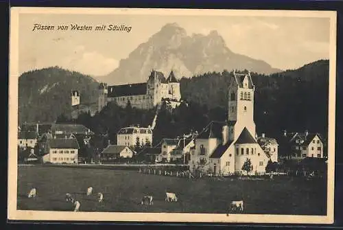 AK Füssen am Lech, Stadtansicht mit Schloss von Westen, Blick zum Säuling