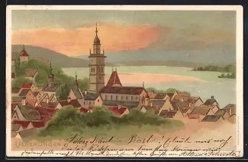 Lithographie Ueberlingen / Bodensee, Teilansicht mit Blick auf Bodensee