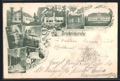 AK Friedrichsruhe, Schloss, Alexander-Denkmal, Grabmalvon Prinz Alexander, Fürst Hugo Eiche u. a.