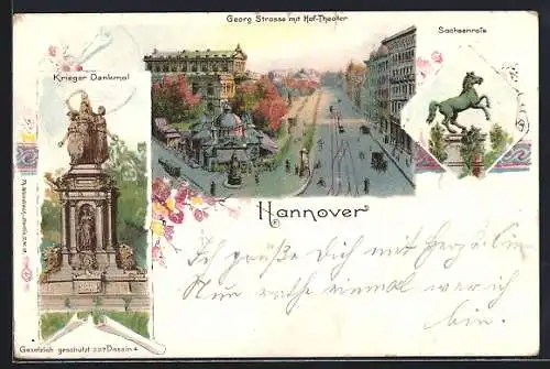 Lithographie Hannover, Georg Strasse mit Hoftheater, Sachsenross, Kriegerdenkmal