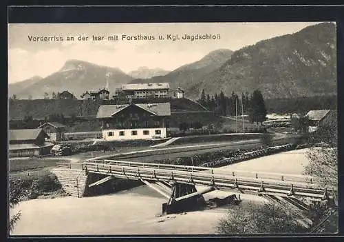 AK Vorderriss an der Isar, Ortsansicht mit Forsthaus u. Kgl. Jagdschloss