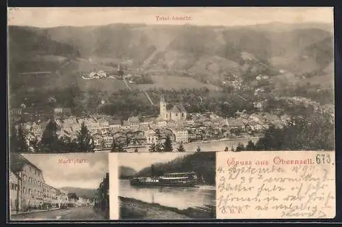 AK Obernzell, Totalansicht, Marktplatz, Dampfer auf der Donau