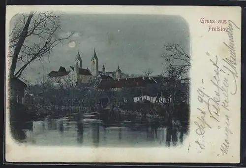 Mondschein-AK Freising, Stadtansicht vom See aus