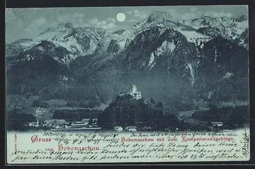Mondschein-AK Hohenaschau, Ortsansicht mit dem Kampenwandgebirge
