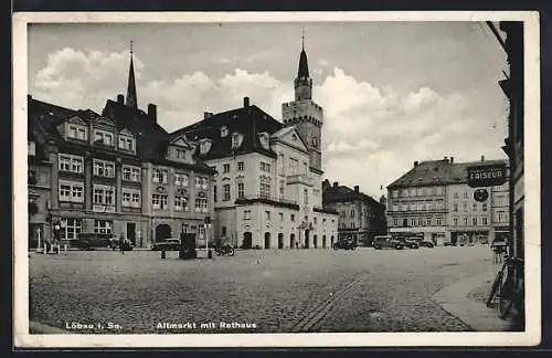 AK Löbau, Altmarkt mit Rathaus, Friseur