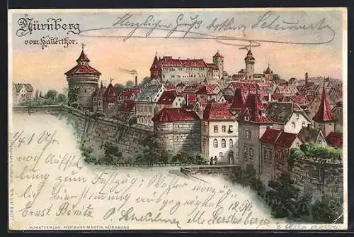 Lithographie Nürnberg, Teilansicht der Stadt vom Hallerthor, beleuchtete Fenster