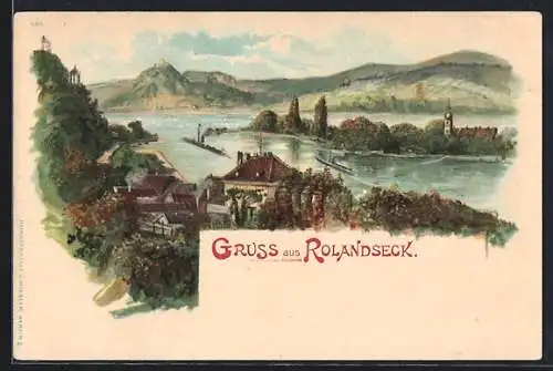 Lithographie Rolandseck, Teilansicht mit Gebirge