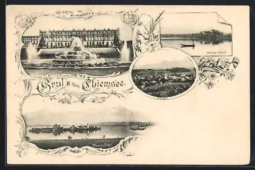 AK Prien, Herren-Insel, Frauen-Insel, Königliches Schloss, Blick über den Ort, gerahmte Ansicht