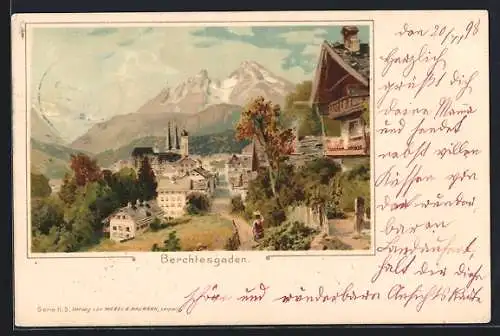 Lithographie Berchtesgaden, Teilansicht mit Alpen, Frau mit Lasten auf dem Kopf