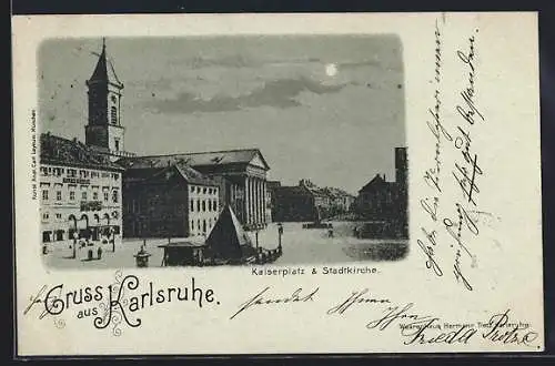 AK Karlsruhe, Kaiserplatz & Stadtkirche bei Vollmond