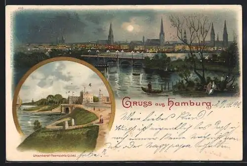 Lithographie Hamburg-Uhlenhorst, Panorama, Feenteichbrücke