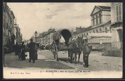 AK Alencon, Rue du Cours, Jour du Marché, Strassenpartie