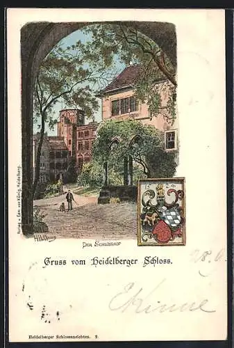 Künstler-Lithographie Heinrich Hoffmann: Heidelberg, Partie im Schlosshof