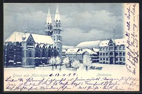 AK Meiningen, Marktplatz mit Kirche im Schnee