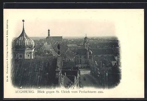 AK Augsburg, Blick gegen Kirche St. Ulrich mit Strassenbahn vom Perlachturm aus