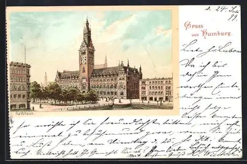 Lithographie Hamburg, Rathaus mit Strassenpartie