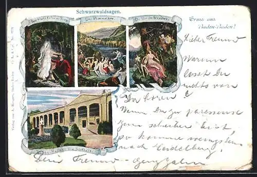 Lithographie Baden-Baden, Schwarzwaldsagen, der Murmelsee, Die Nixe des Wildsees, Trinkhalle