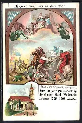 Künstler-AK München-Sendling, Darstellung der Sendlinger Mord-Weihnacht 1705, Ansicht der Kirche
