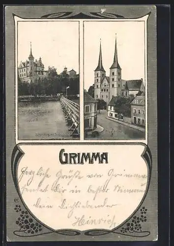AK Grimma, Gattersburg mit Tonnenbrücke, Frauenkirche