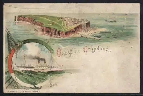 Lithographie Helgoland, Blick auf Insel, Dampfer Cobra in Rettungsring