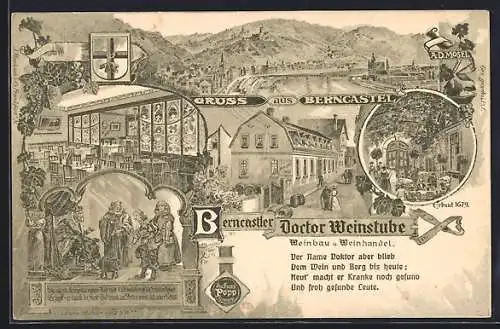 Lithographie Berncastel, Totalansicht mit der Mosel, Wappen, Berncastler Doctor Weinstube