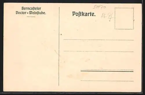 Lithographie Berncastel, Totalansicht mit der Mosel, Wappen, Berncastler Doctor Weinstube