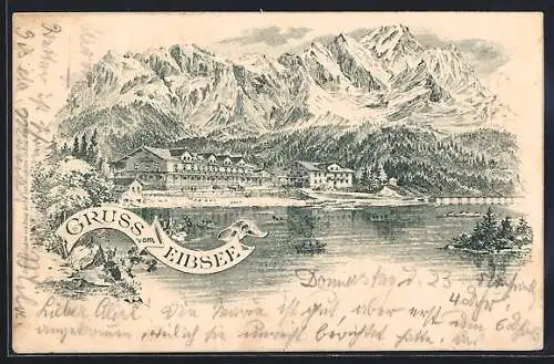 Lithographie Eibsee, See mit Ufergebäuden und Bergpanorama