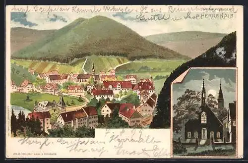 Lithographie Herrenalb, Panoramablick auf das Dorf, Kirche