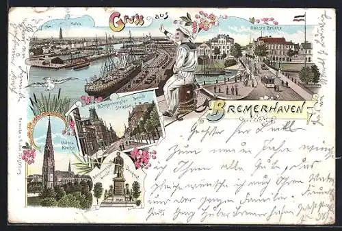 Lithographie Bremerhaven, Bürgermeister Smidt Strasse, Geeste Brücke, Hafen