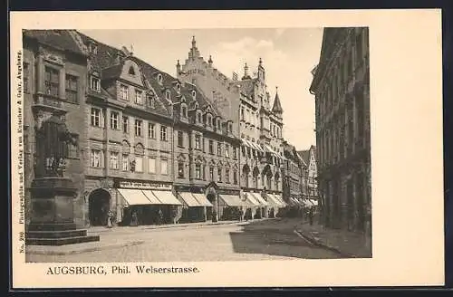 AK Augsburg, Phil. Welserstrasse mit Geschäften und Denkmal