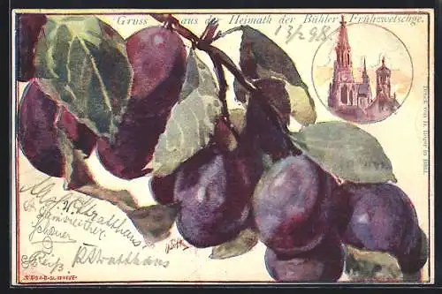 Künstler-AK Bühl /Baden, Kirche und Frühzwetschgen