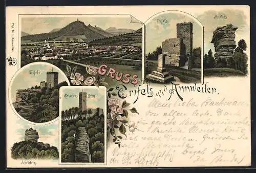 Lithographie Annweiler, Totalansicht, Trifels, Anebos, Aselstein