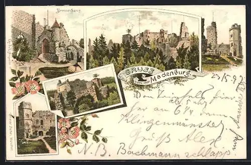 Lithographie Madenburg, Gesamtansicht, Ruine, Brunnenhaus