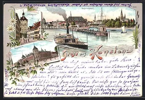 Lithographie Konstanz, Hafeneinfahrt, Schnetztor, Postgebäude