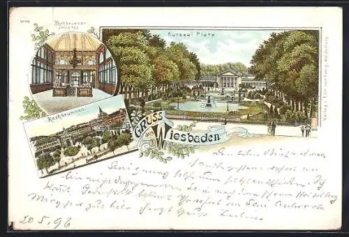 Lithographie Wiesbaden, Kursaal Platz, Kochbrunnen, Innenansicht