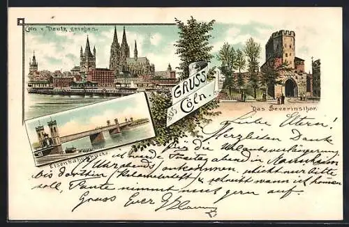 Lithographie Köln, Uferpartie mit Dom von Deutz gesehen, Severinstor, Eisenbahnbrücke