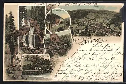 Lithographie Triberg, Ortsansicht, Wasserfall, Bauernhaus i. Gutachtal, Gerwigdenkmal, Kaisertunnel