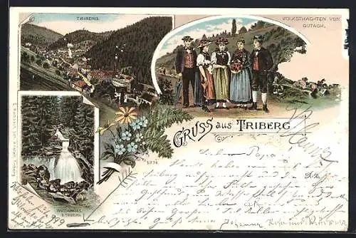 Lithographie Triberg, Wasserfall, Totalansicht, Volkstrachten von Gutach