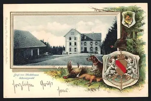 Passepartout-Lithographie Badenweiler /Schwarzwald, Hochblauen mit Gasthof und Wappen