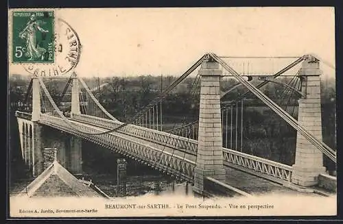 AK Beaumont-sur-Sarthe, Le Pont Suspendu, Vue en perspective