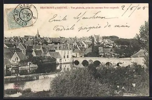 AK Beaumont-s-Sarthe, Vue générale, prise du nouveau Pont suspendu