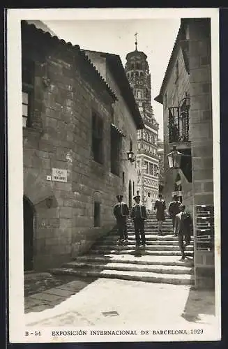 AK Barcelona, Exposición Internacional 1929, Pueblo Espanol, Calle de Mercaderes y campanario de Utebo