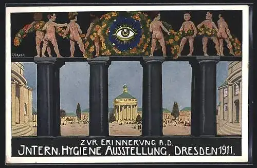 AK Dresden, Internationale Hygiene Ausstellung 1911, Blick durch ein Tor