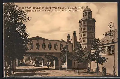 AK Dresden, Intern. Hygiene-Ausstellung 1911, Überbrückung der Lennéstrasse mit Aussichtsturm