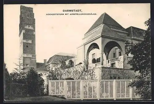 AK Darmstadt, Hochzeitsturm mit Ausstellungsgelände