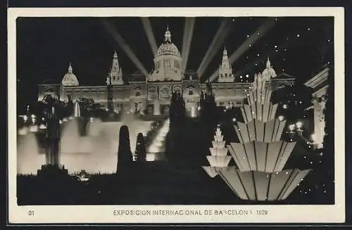 AK Barcelona, Exposición Internacional, 1929, Palacio Nacional (nocturna), Ausstellung