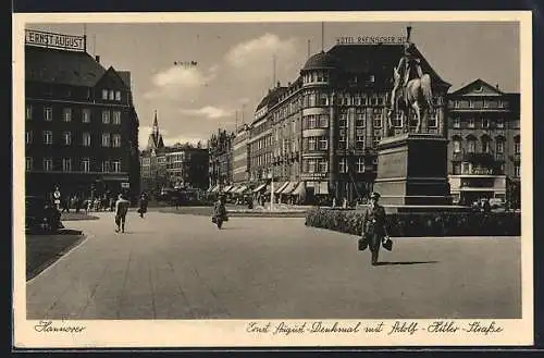 AK Hannover, Hotel Rheinischer Hof mit Strasse und Ernst August-Denkmal