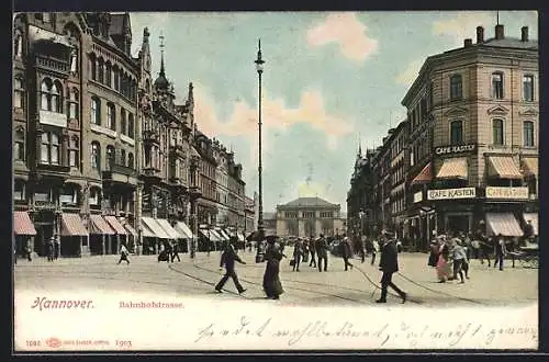 AK Hannover, Blick in die Bahnhofstrasse, Café Kasten