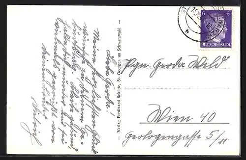 AK St. Georgen im Schwarzwald, Teilansicht mit Bäumen