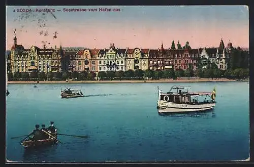 AK Konstanz, Seestrasse mit Boot Baden vom Hafen aus